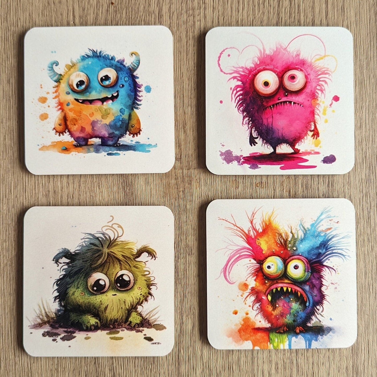 Little Monsters Coasters | Set of 4 Bright Fun Cartoon Monster Characters | Unique Drinkware Accessories for Kids & Adults