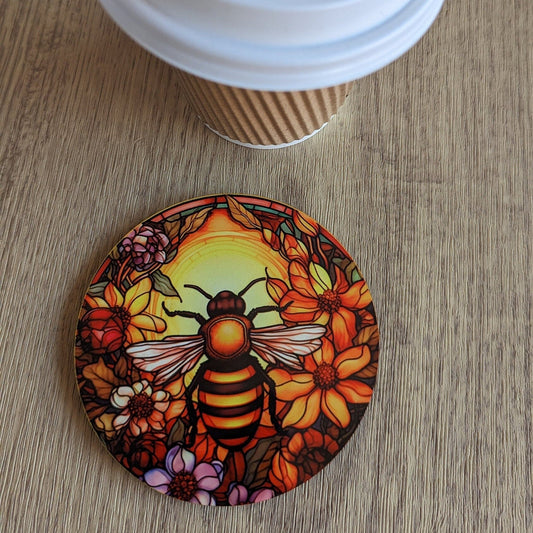 Worker Bee Stained Glass Effect Circular Drinks Coaster | Eco-Friendly Home Decor, Unique Gift, Handmade Artisan Craft