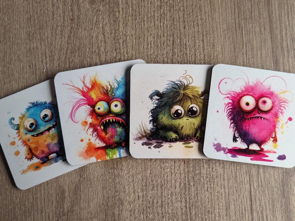 Little Monsters Coasters | Set of 4 Bright Fun Cartoon Monster Characters | Unique Drinkware Accessories for Kids & Adults