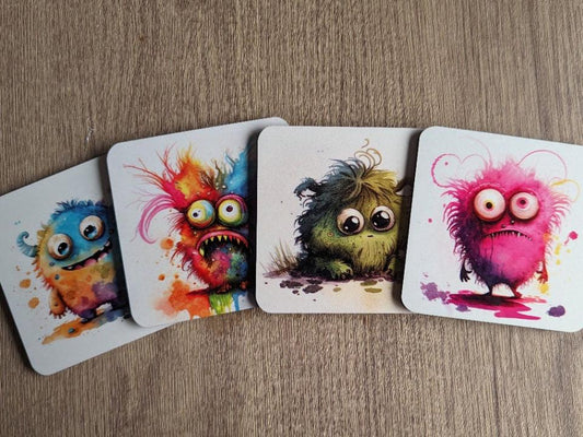 Little Monsters Coasters | Set of 4 Bright Fun Cartoon Monster Characters | Unique Drinkware Accessories for Kids & Adults