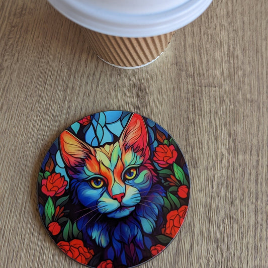 cat | feline stained glass effect circular drinks coaster